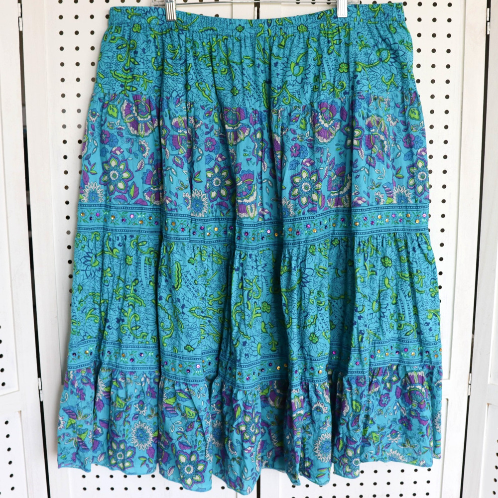 Vintage Phool National Sequin Tiered Boho Maxi Skirt Blue Green Floral SIZE 3X
